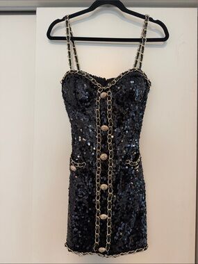 Nova Luxe Black Sequin Mini Dress with Gold Chain Trim